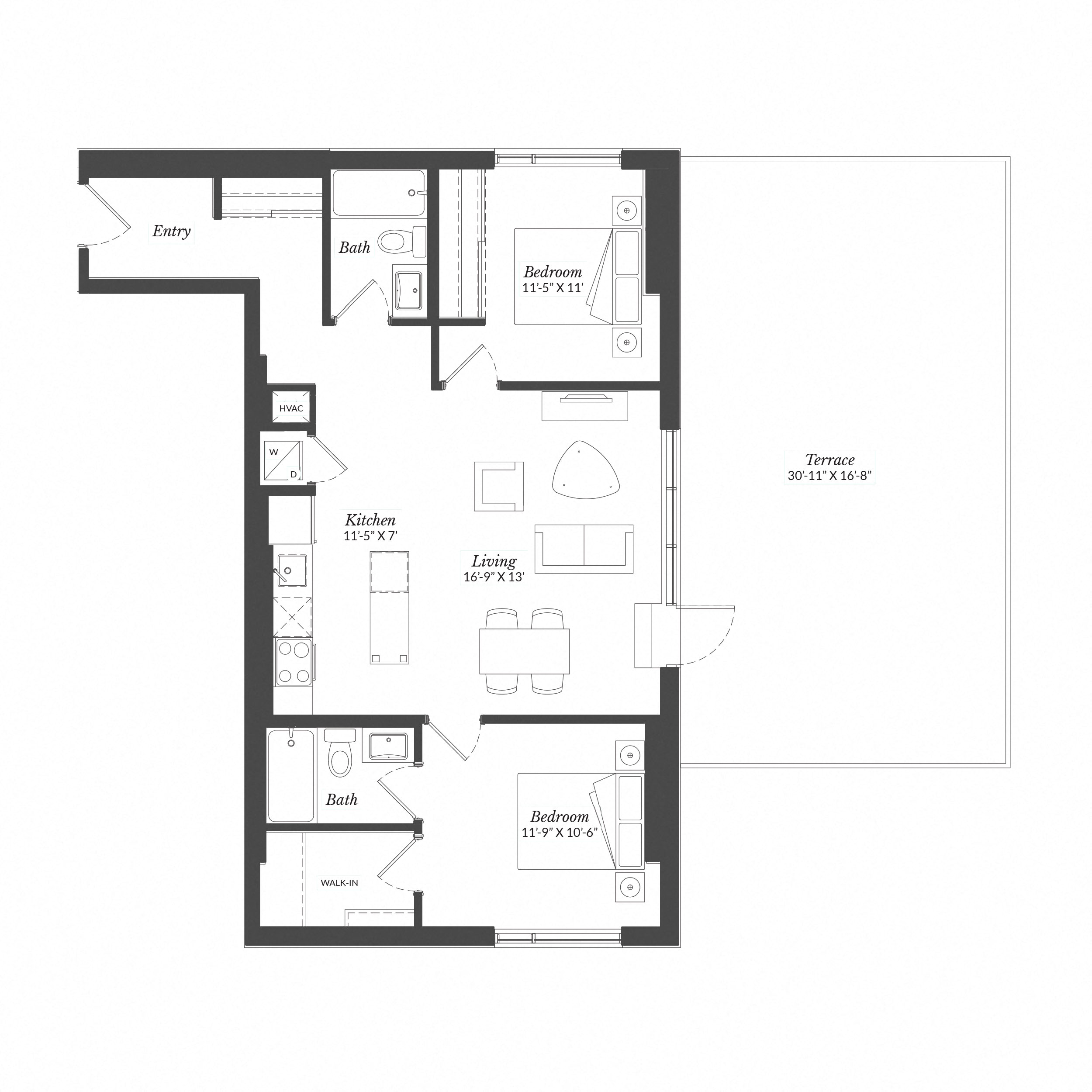 Floor plan for 2 beds, 2 baths, 955 sqft