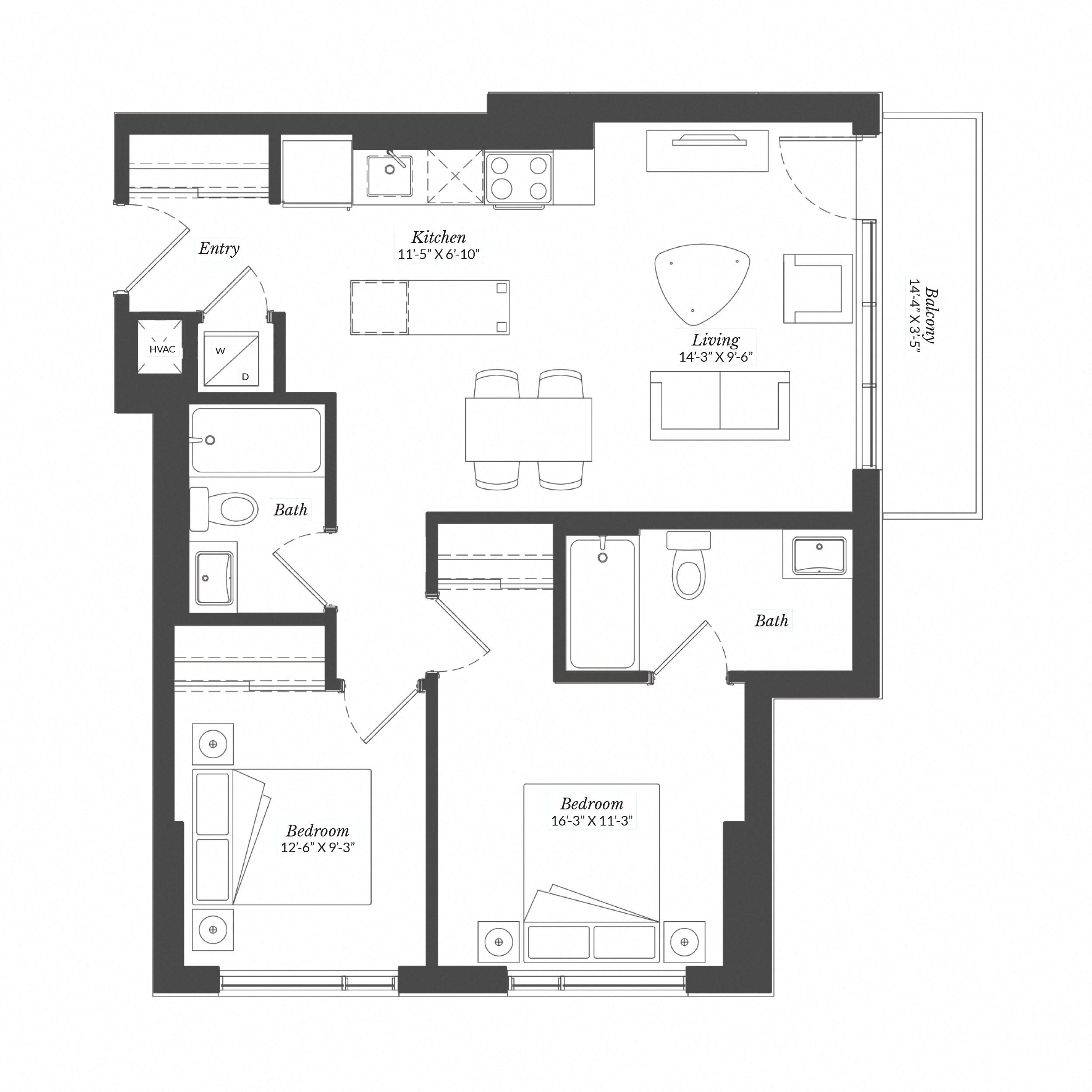 Floor plan for 2 beds, 2 baths, 815 sqft