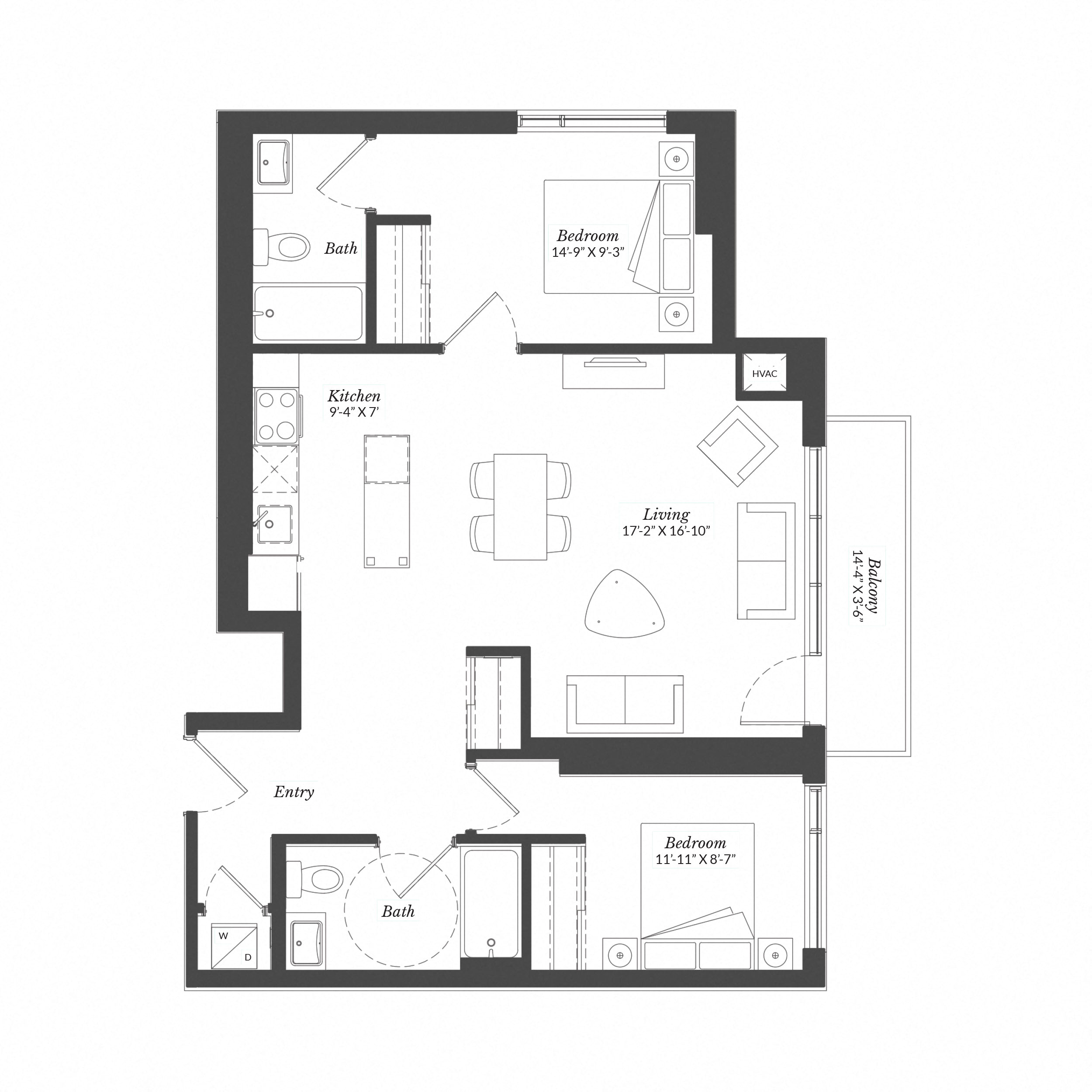 Floor plan for 2 beds, 2 baths, 963 sqft