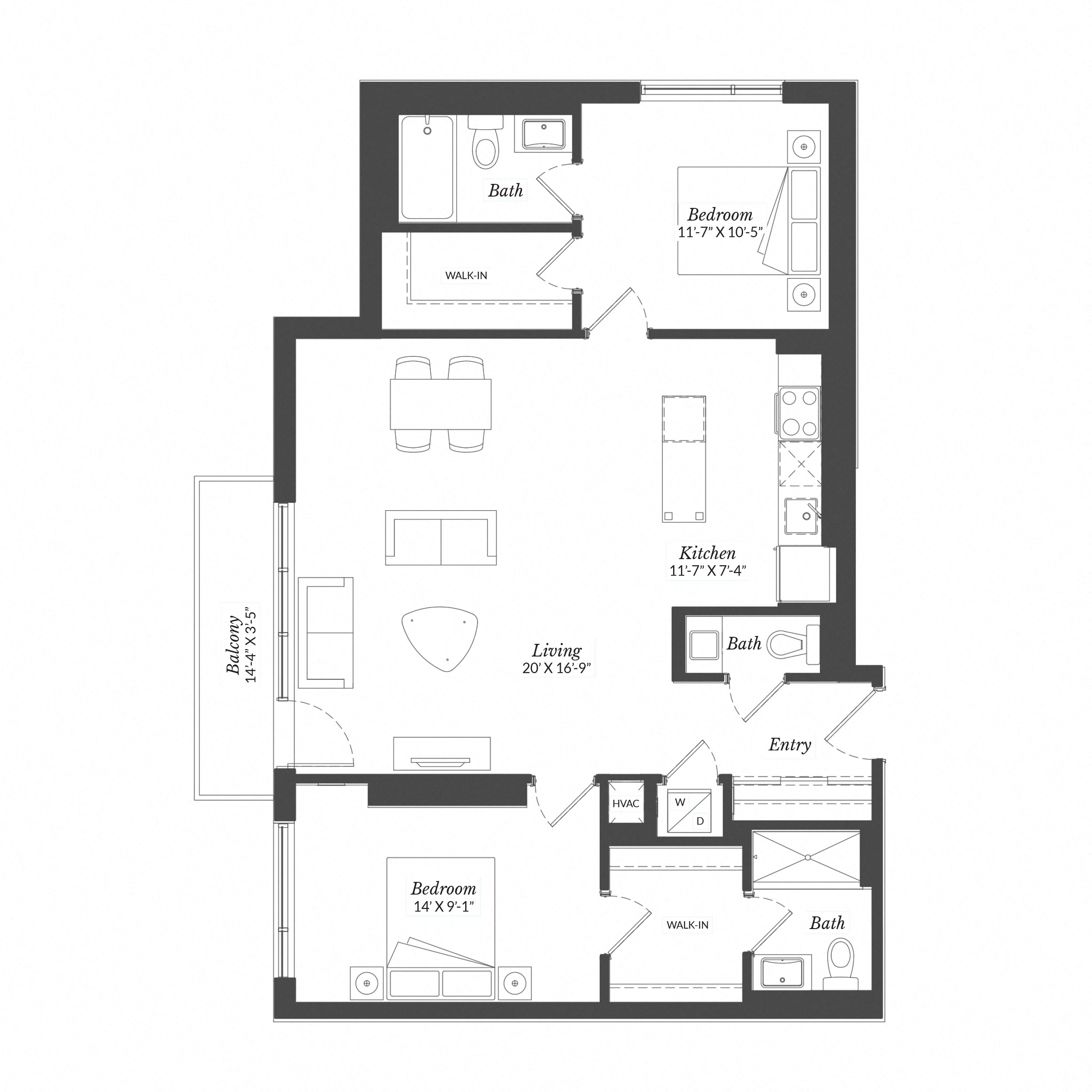 Floor plan for 2 beds, 2 baths, 1099 sqft