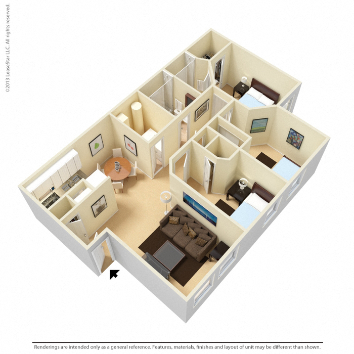Floor plan for 3 beds, 2 baths, 1166 sqft