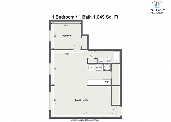 Floor plan for 1 bed, 1 bath, 896 sqft