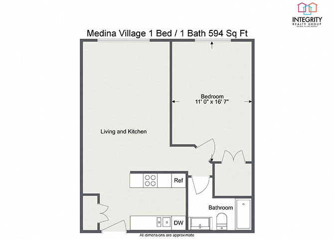 Floor plan for 1 bed, 1 bath, 896 sqft