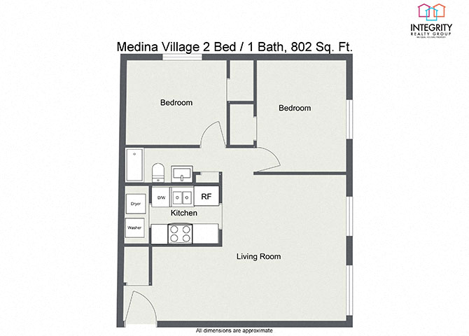 Floor plan for 2 beds, 1 bath, 860 sqft