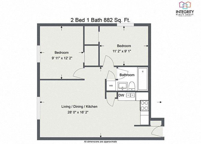 Floor plan for 2 beds, 1 bath, 882 sqft
