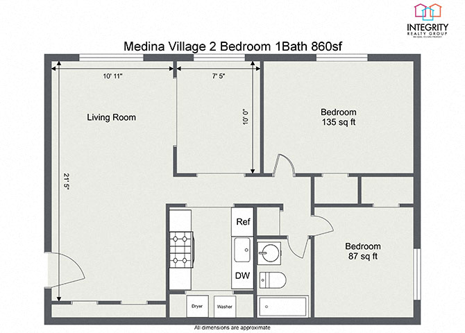 Floor plan for 2 beds, 1 bath, 860 sqft