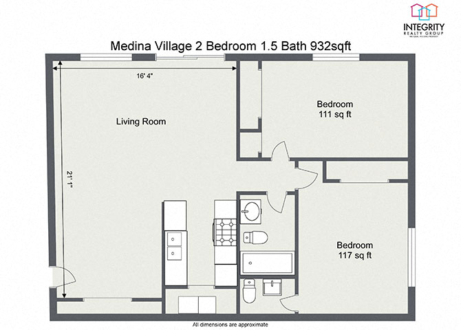 Floor plan for 2 beds, 1.5 baths, 932 sqft