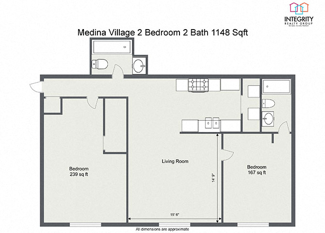 Floor plan for 2 beds, 2 baths, 1005 sqft