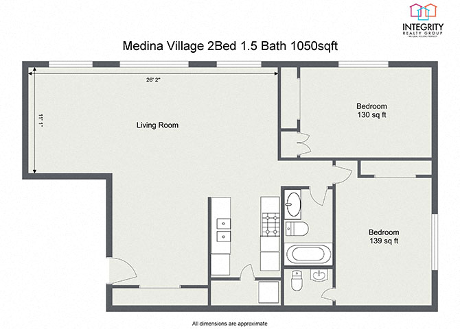 Floor plan for 2 beds, 1.5 baths, 1050 sqft