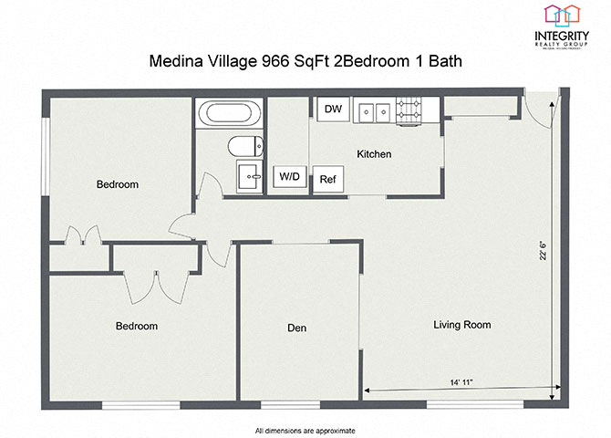 Floor plan for 2 beds, 1 bath, 952 sqft