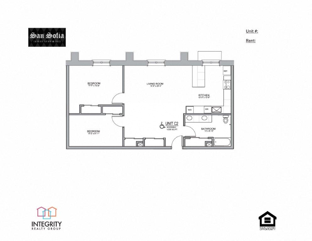 Floor plan for 2 beds, 1 bath, 1020 sqft