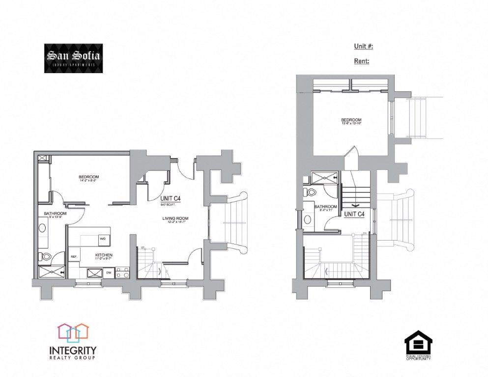 Floor plan for 2 beds, 2 baths, 947 sqft