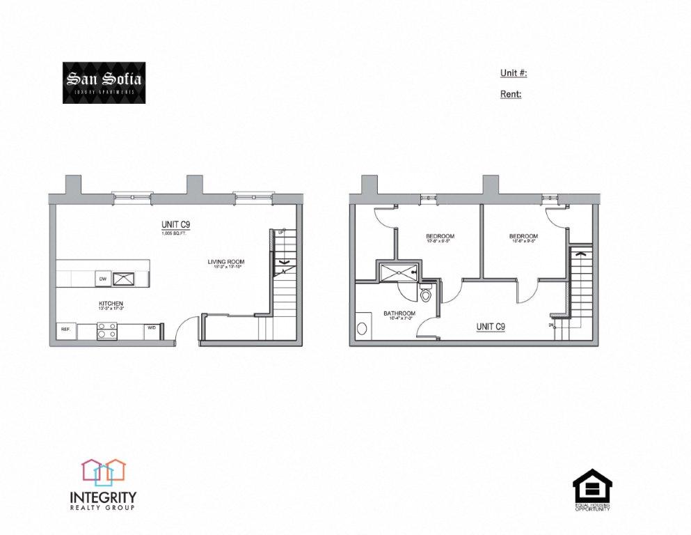 Floor plan for 2 beds, 1 bath, 1005 sqft