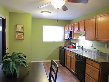 Saint Charles apartment for rent - a kitchen with green walls and wooden cabinets and a counter top