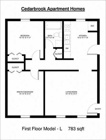 Floor plan for 2 beds, 1 bath, 795 sqft