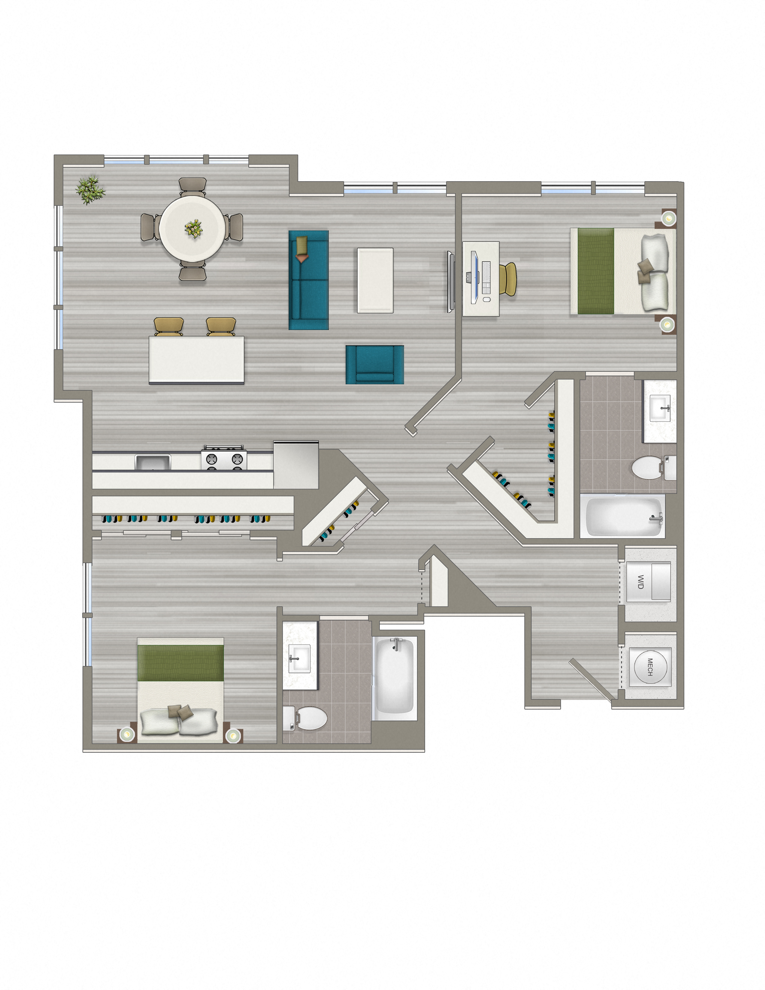 Floor plan for 2 beds, 2 baths, 1105 sqft