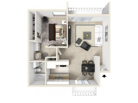 Floor plan for 1 bed, 1 bath, 718 sqft
