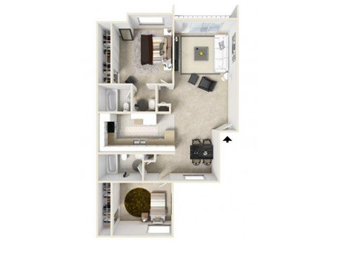 Floor plan for 2 beds, 2 baths, 1000 sqft