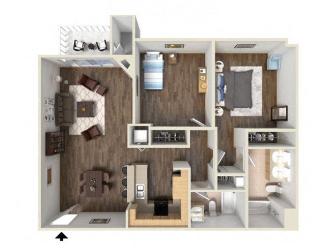 Floor plan for 2 beds, 2 baths, 965 sqft
