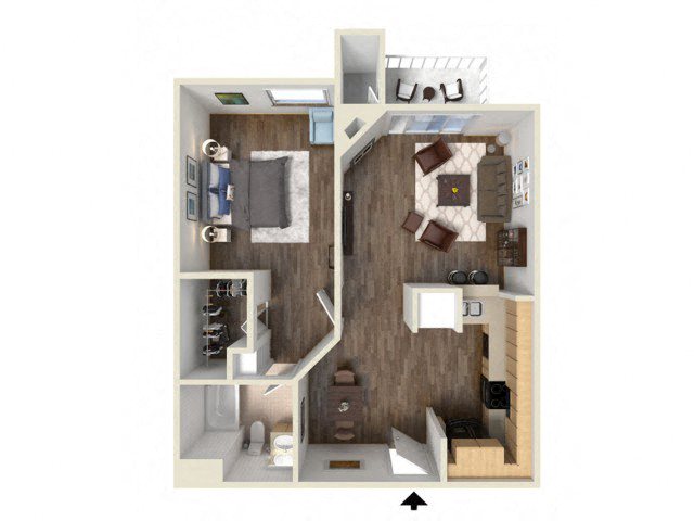 Floor plan for 1 bed, 1 bath, 690 sqft