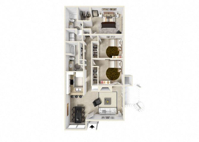 Floor plan for 3 beds, 2 baths, 1300 sqft