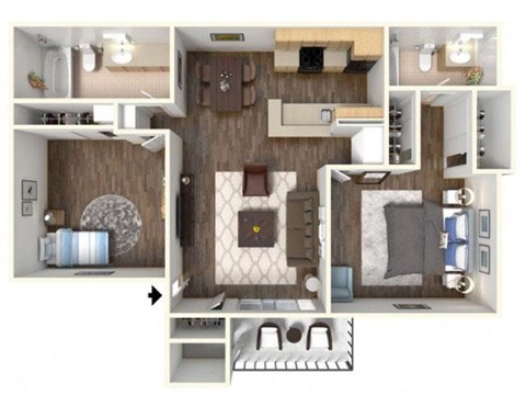 Floor plan for 2 beds, 2 baths, 1000 sqft