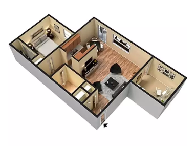 Floor plan for 2 beds, 1 bath, 799 sqft