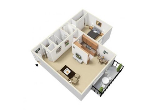 Floor plan for 1 bed, 1 bath, 594 sqft