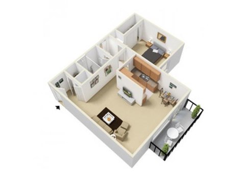 Floor plan for 1 bed, 1 bath, 656 sqft