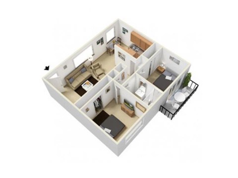 Floor plan for 2 beds, 1 bath, 912 sqft