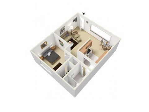 Floor plan for 1 bed, 1 bath, 684 sqft