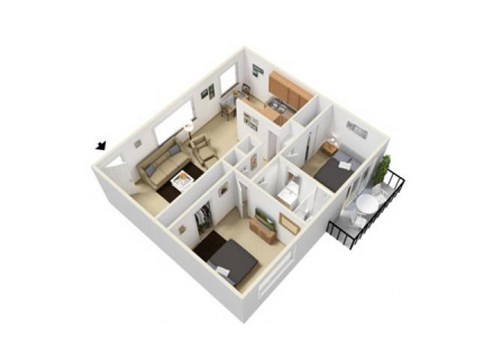 Floor plan for 2 beds, 1 bath, 946 sqft