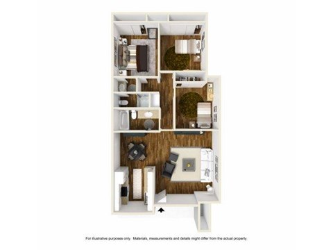 Floor plan for 3 beds, 2 baths, 1032 sqft