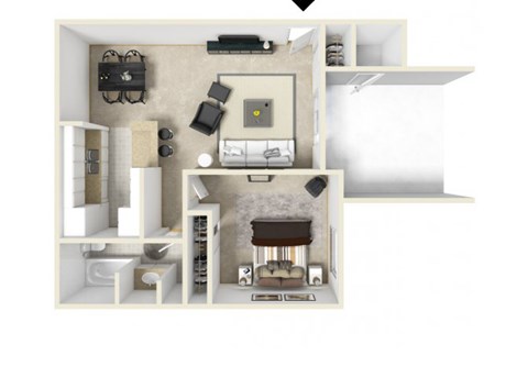 Floor plan for 1 bed, 1 bath, 641 sqft