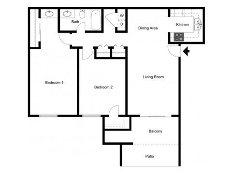 Floor plan for 2 beds, 1 bath, 813 sqft