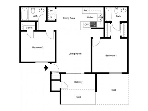 Floor plan for 2 beds, 2 baths, 879 sqft