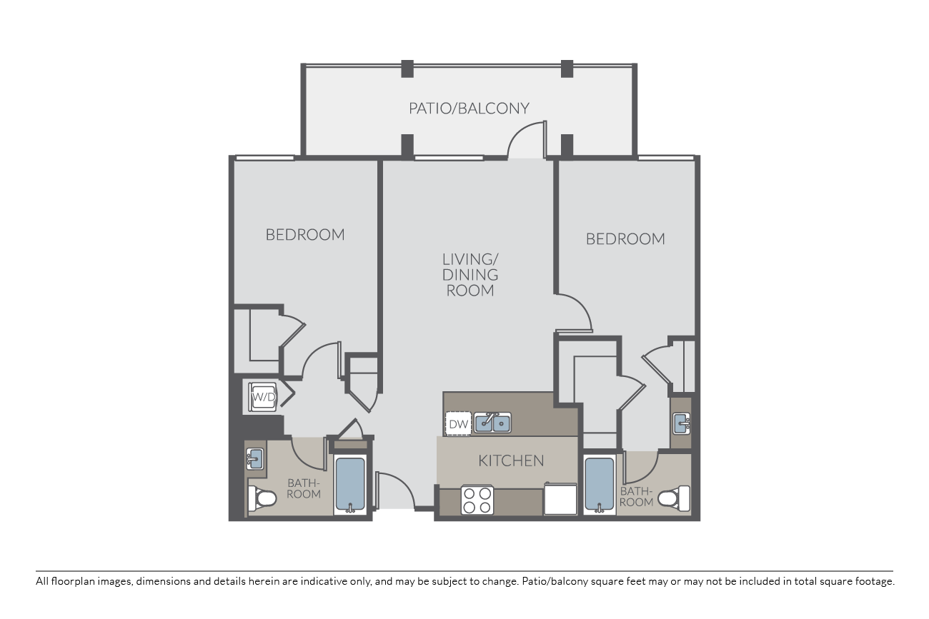 Floor plan for 2 beds, 2 baths, 1029 sqft