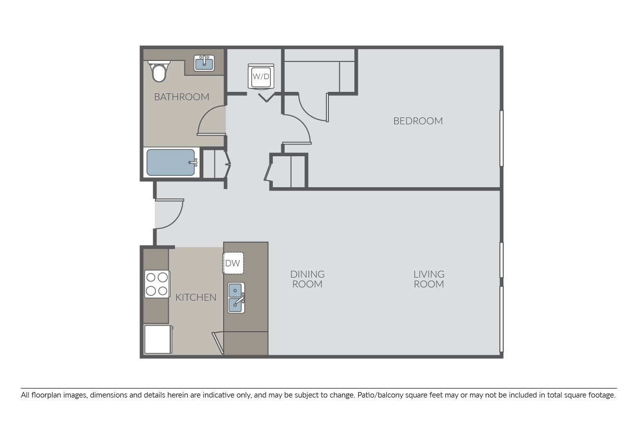 Floor plan for 1 bed, 1 bath, 799 sqft
