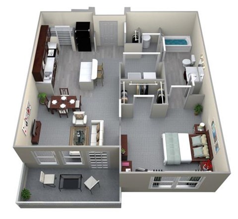 Floor plan for 1 bed, 1 bath, 766 sqft