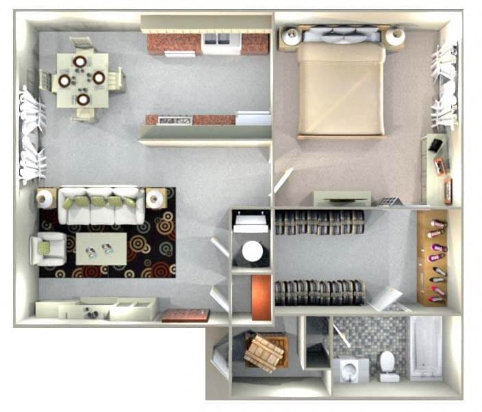 Floor plan for 1 bed, 1 bath, 668 sqft