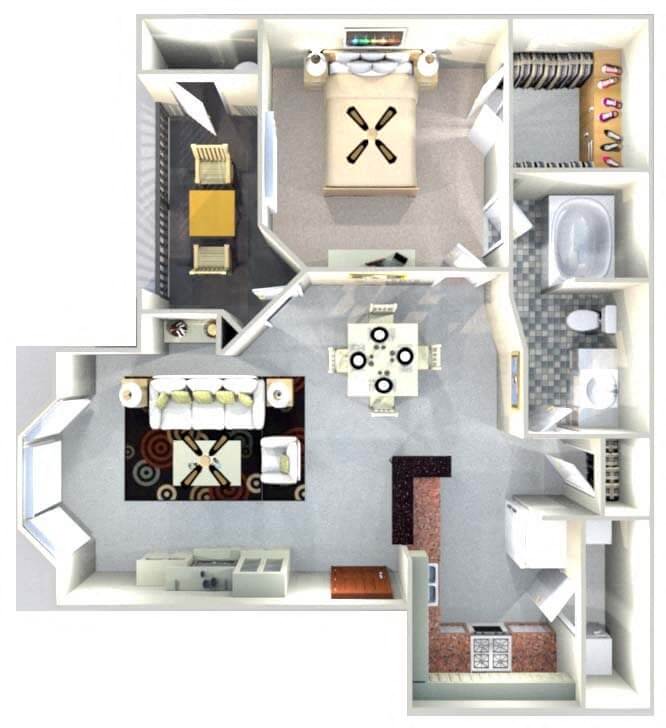 Floor plan for 1 bed, 1 bath, 765 sqft