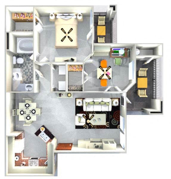 Floor plan for 1 bed, 1 bath, 884 sqft