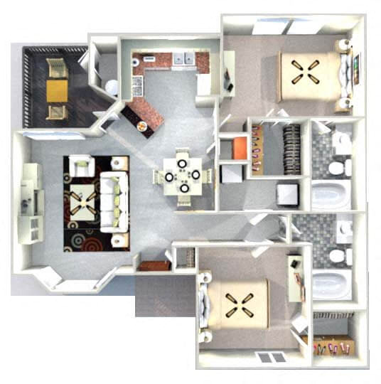 Floor plan for 2 beds, 2 baths, 1075 sqft