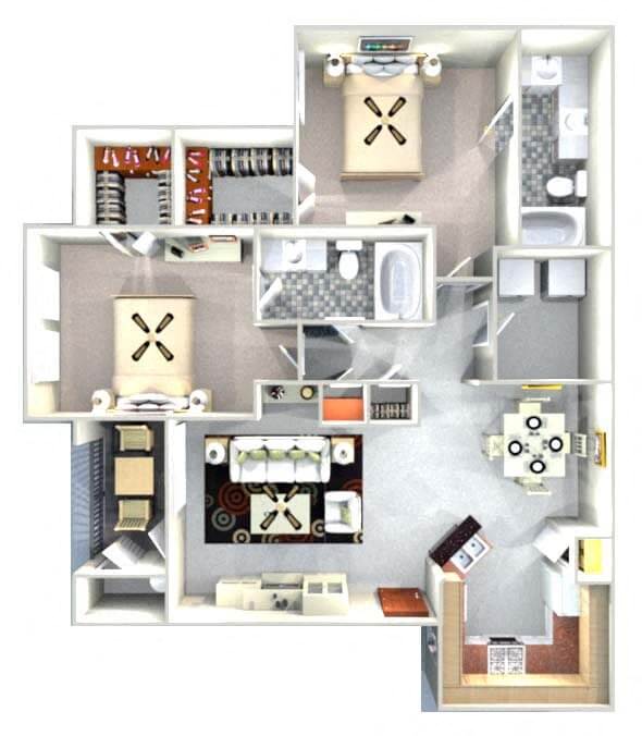 Floor plan for 2 beds, 2 baths, 1181 sqft