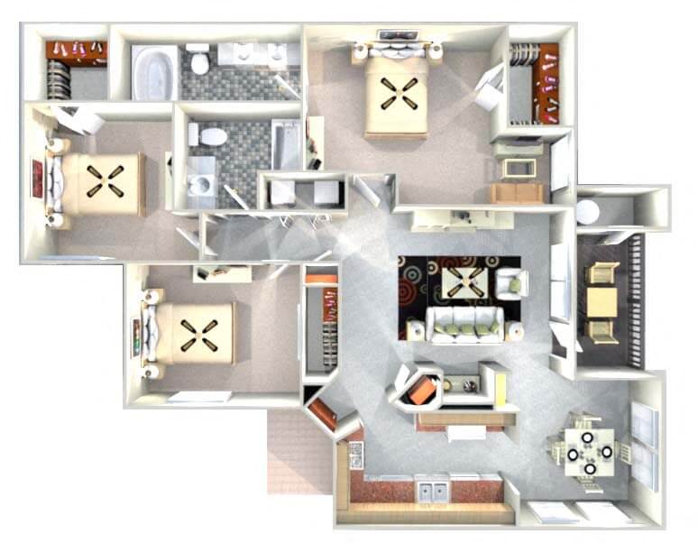 Floor plan for 3 beds, 2 baths, 1319 sqft