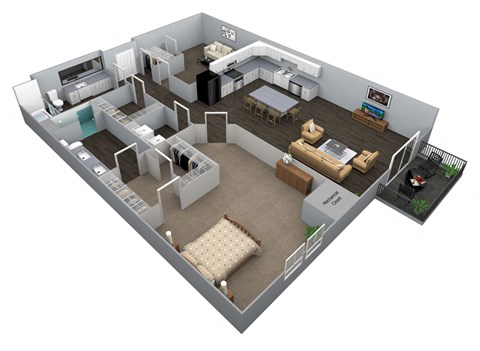 Floor plan for 1 bed, 2 baths, 1303 sqft