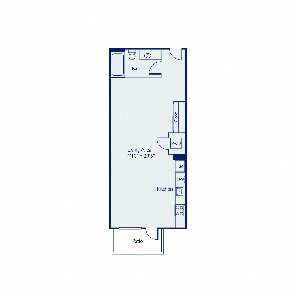 Floor plan for studio, 1 bath, 577 sqft