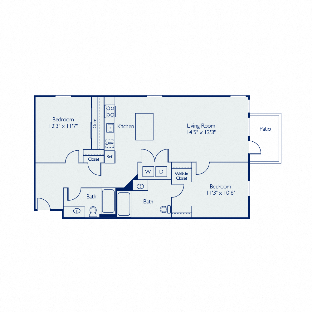 Floor plan for 2 beds, 2 baths, 994 sqft