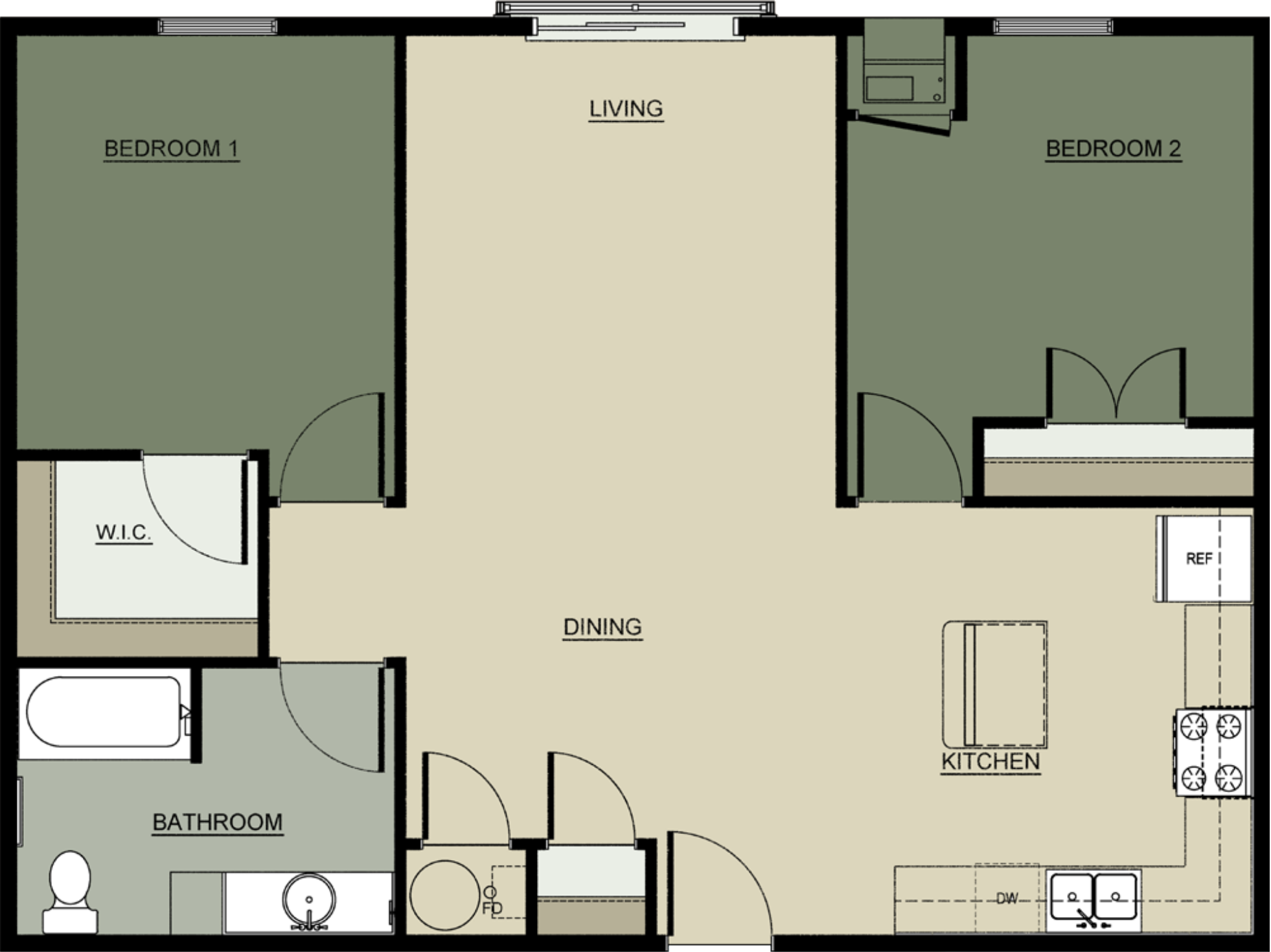 Floor plan for 1 bed, 1 bath, 747 sqft