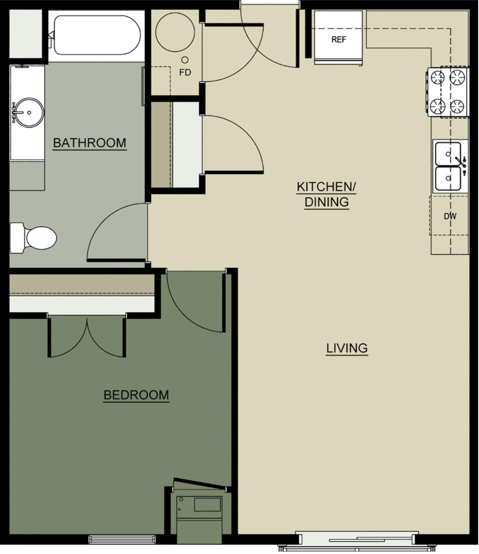 Floor plan for 2 beds, 1 bath, 956 sqft
